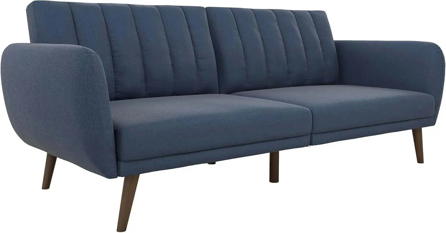 Brittany Sofa Futon, Premium Linen Upholstery And Wooden Legs, Blue Linen