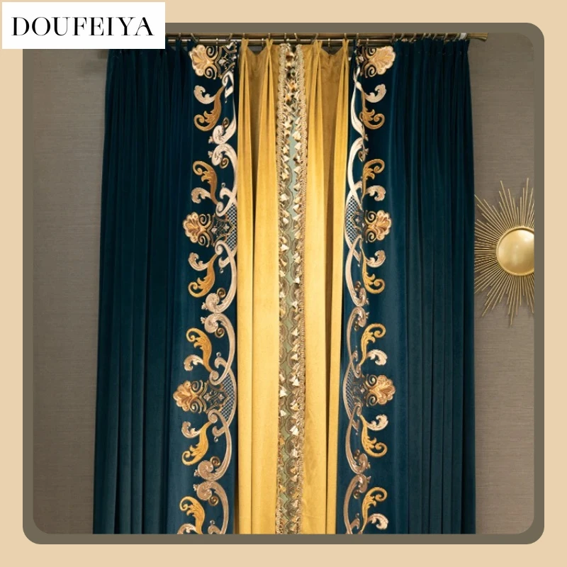 

Fashion Modern Blackout Thick Blue Cyan Embroidery Lace Stitching Velvet Curtains Curtains for Living Dining Room Bedroom