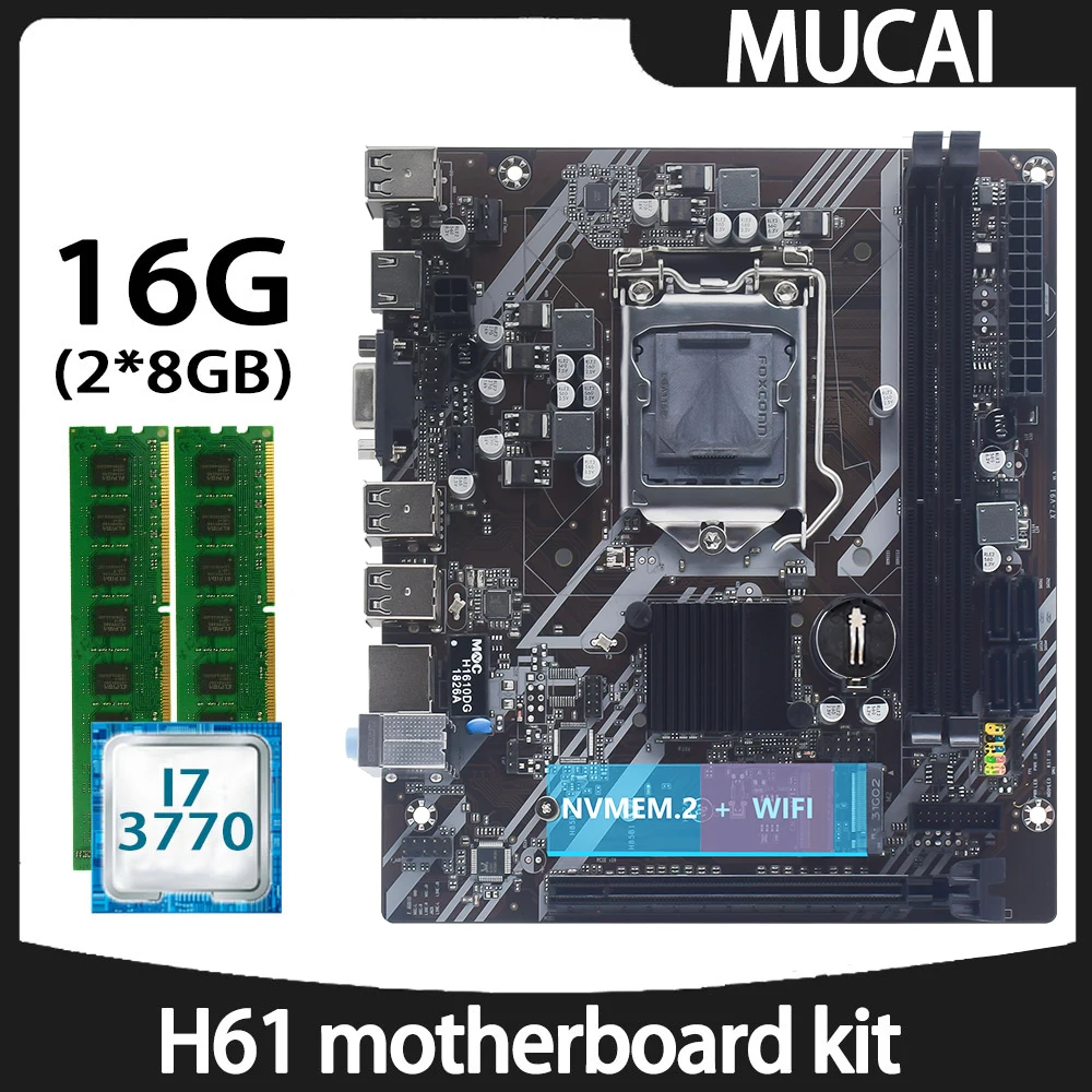 

MUCAI H61 Motherboard DDR3 16GB(2*8GB) 1600MHZ RAM Memory With Intel Core i7 3770 CPU Processor and LGA 1155 Kit Set PC Computer