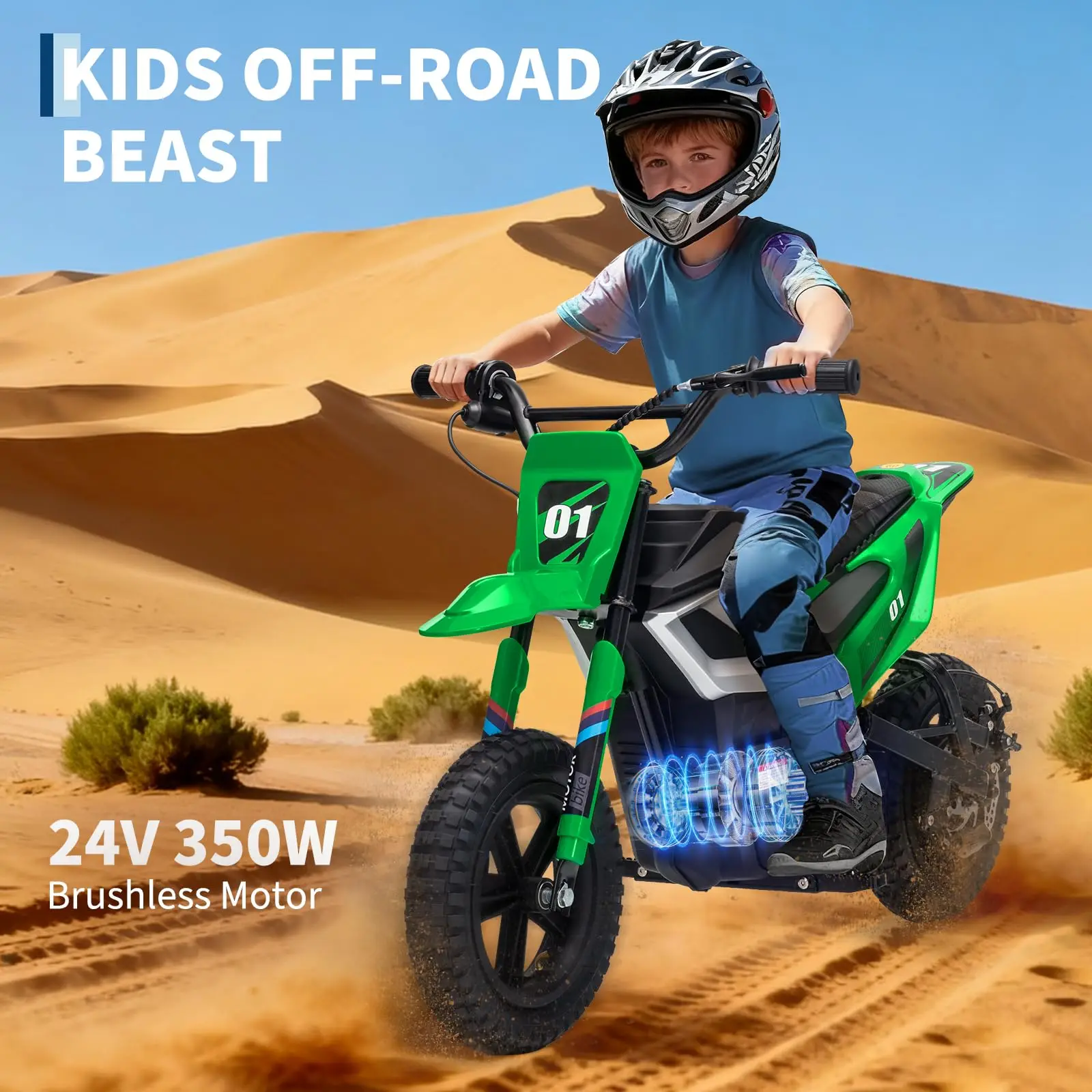

24V 350W Kids Electric Dirt Bike Ride On Motorcycle Rear Wheel Suspension Twist Grip Throttle 12 Miles Range Up To 13.7 MPH