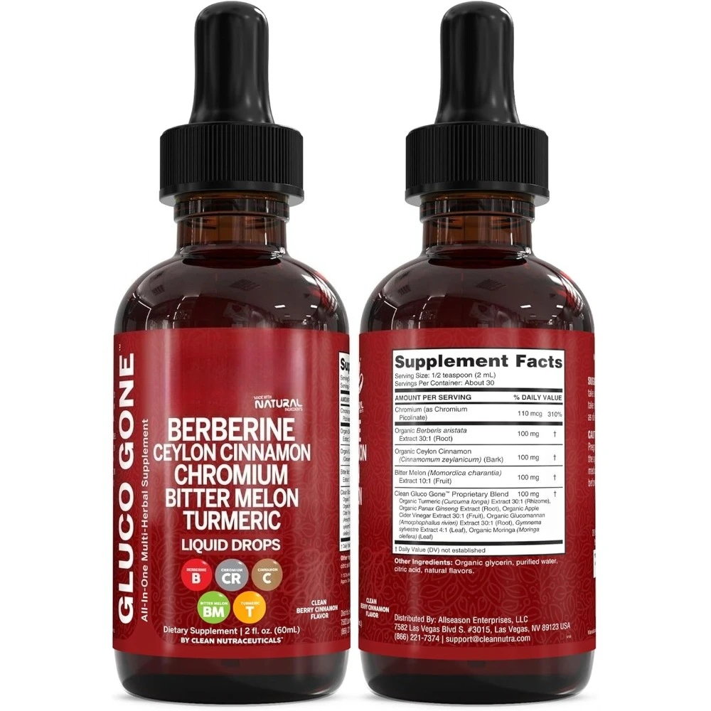 

Berberine with Ceylon Cinnamon Supplement Liquid Drops + Bitter Melon Extract, Glucomannan, Gymnema, Chromium, Turmeric, Organic