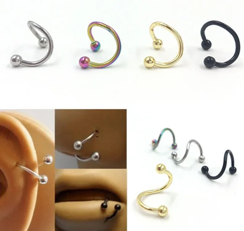 2pc/set Surgical Steel Spiral Twisted Lip Ring Nose Rings 16 Gauge Ear Cartilage Helix Piercing Body Accessories Jewelry Gift