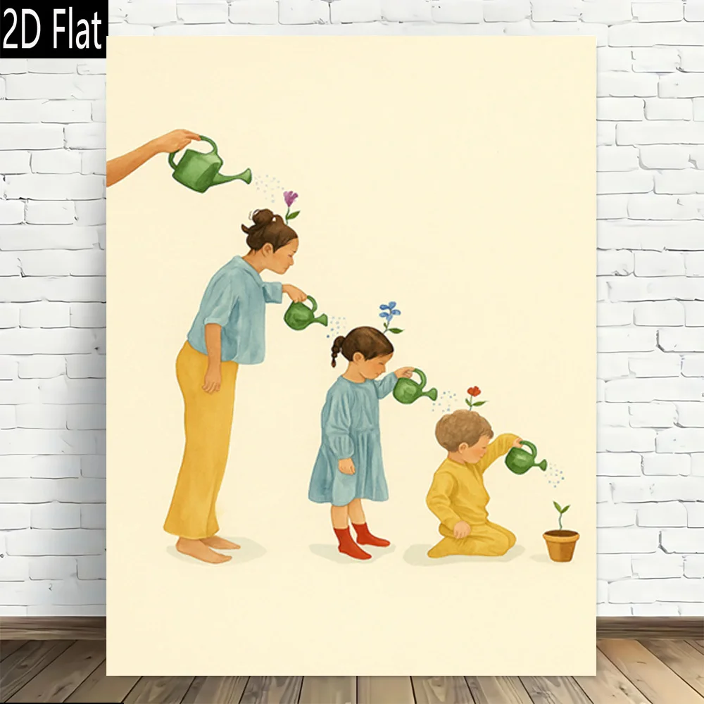 2D Flat 1pc Family Watering Flowers Together Art Print - Frameless Canvas Wall Decor, Modern Vintage Design, High-Quality Printe