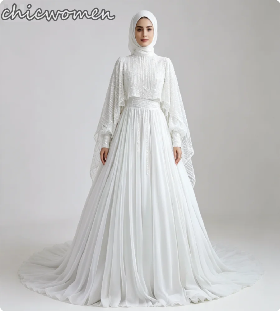 Elegant Islamic Sequin Cape Wedding Dress High Neck Long Sleeve A Line Muslim Bridal Gowns Rustic Country Chiffon Modest Bride