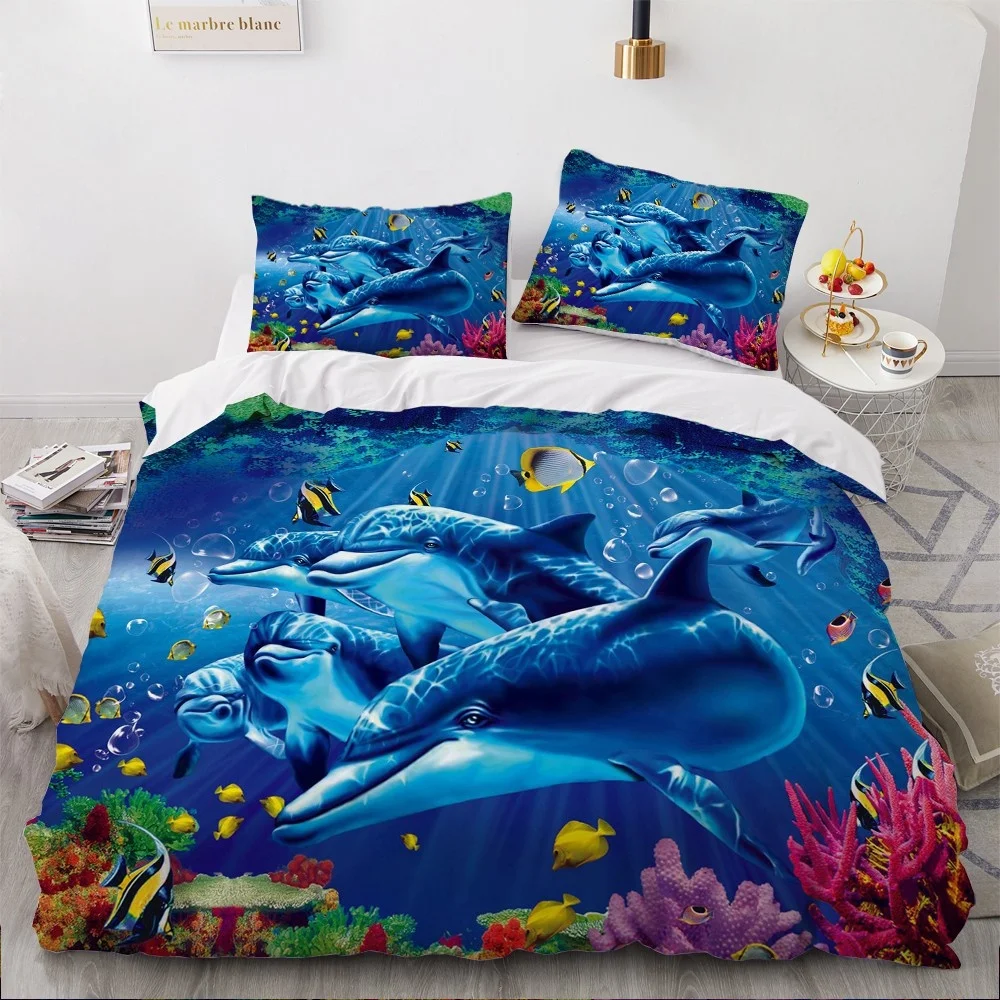 

Fashion 3D Bedding Sets Sea Dolphin Blue Duvet Cover Set Cute Bed Linen Pillowcase Luxury Home Texitle Queen Full Size 140x200