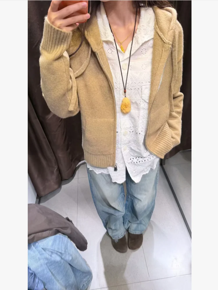 الحلو كسول Sle خمر فضفاض سترة مشغولة من الصوف هوديي المرأة الجديدة الخريف 2025 Faion لينة متوسطة النايلون عادية طويلة Sve