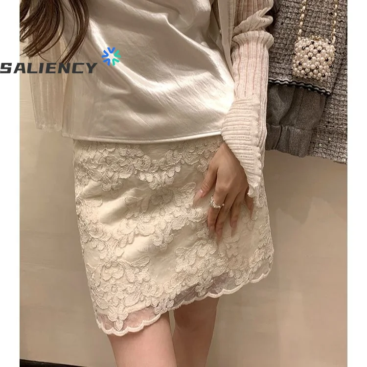 

SALIENCY Korean Style Apricot Lace Short Mini Skirt for Women Y2k Slim Elegant Skirt Skirts Vintage Streetwear