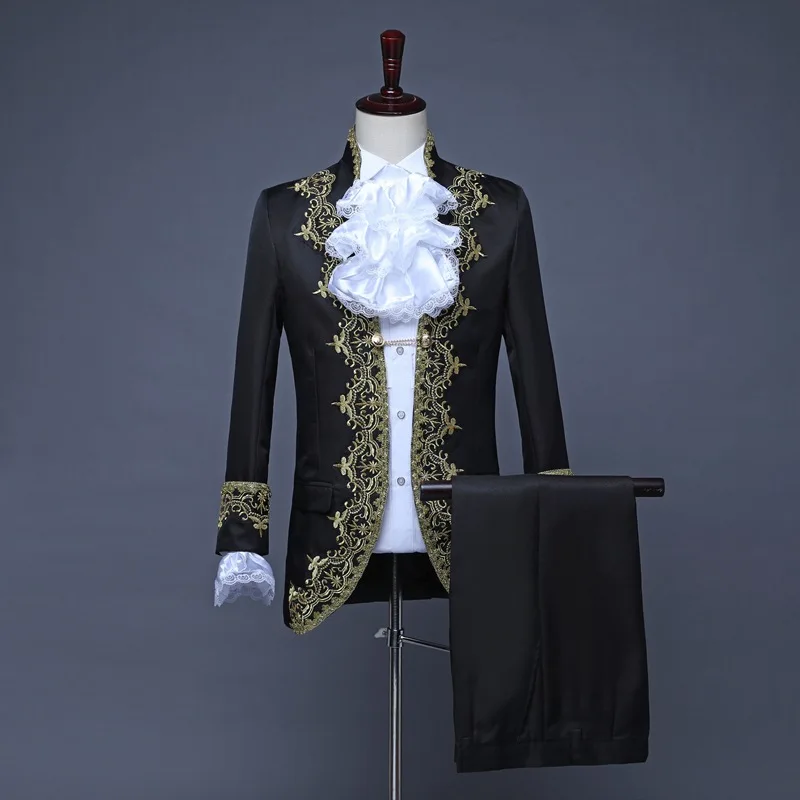 Men Deluxe Victorian King Prince Costume Top Jacket Coat Blazer Suit Pants Jabot Tie Stage Theater Cosplay Outfit Halloween