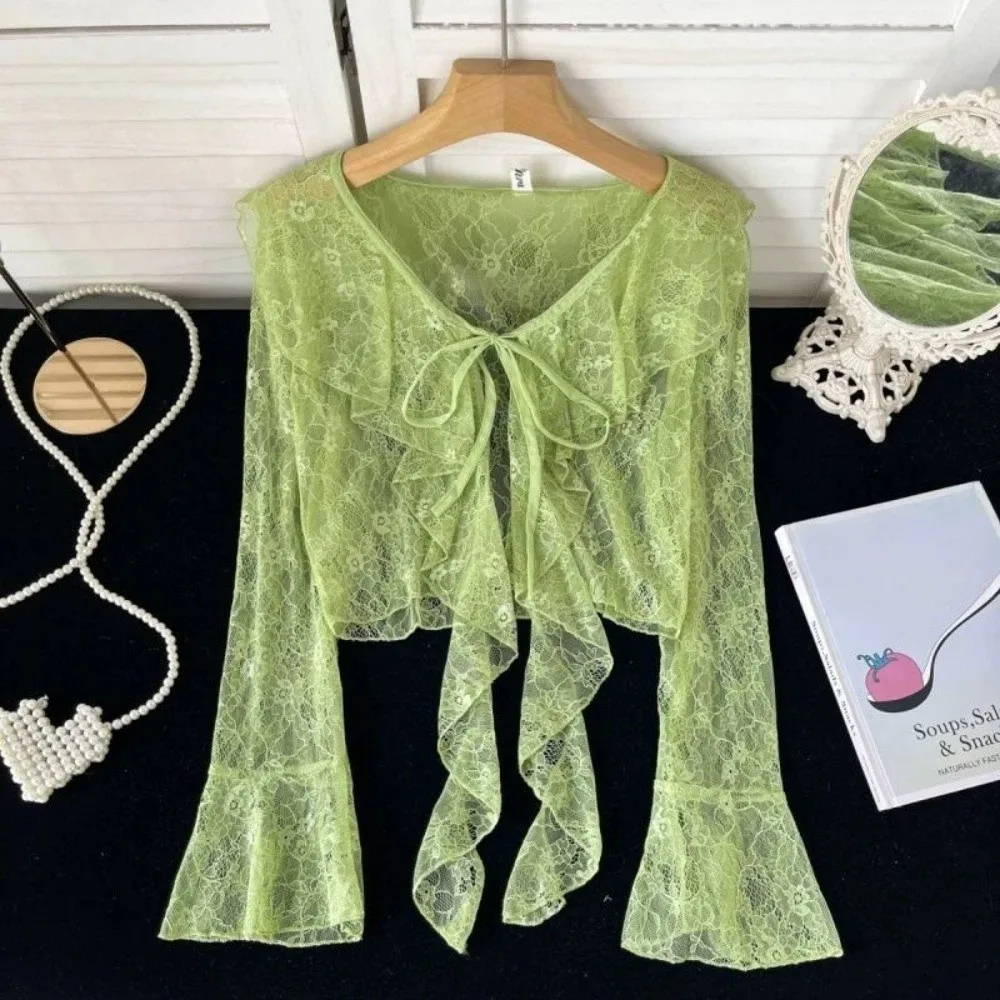 V-Neck Lace Cardigan Ruffle Edge Flared Sleeve Sun Protection Cardigan Lightweight Hollow Out Sun-proof Shirt Women Clothing