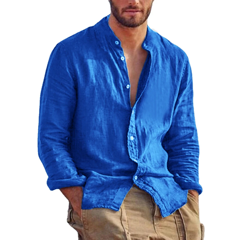 New Men\'s Solid Color Long Sleeve Shirt Linen Cotton Shirts Trend Plus-size Stand Collar Casual Lightweight Beach Tops