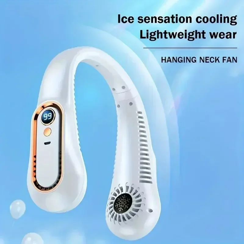 Hanging neck style leafless portable USB charging air cooler comes with 5-speed adjustment and LED display