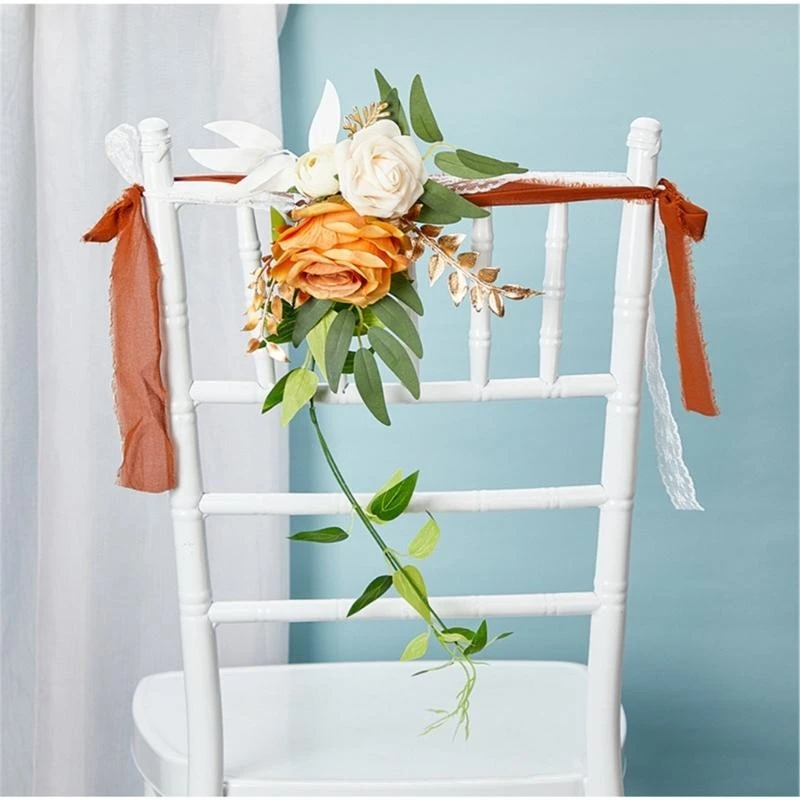 Wedding Aisle Decorations Chair Back Flower Decorations Artificial Flower with Long Ribbon for Ceremony Wedding Party 15UB