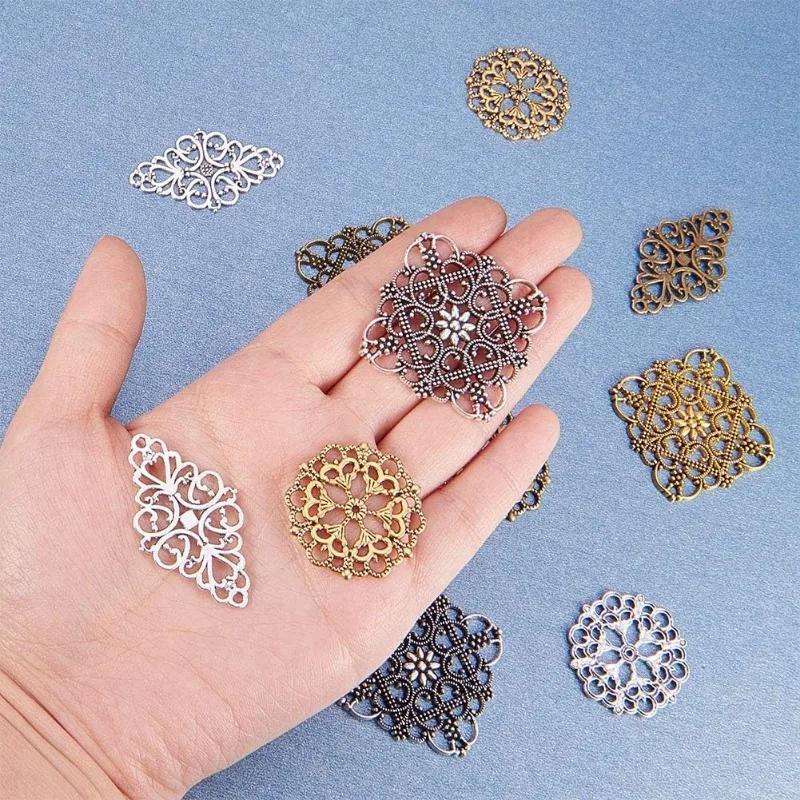 40pcs Filigree Connectors 3 Color Rhombus Flower Charms Hollow Pendants Metal Filigree Embellishments for DIY Hairpin