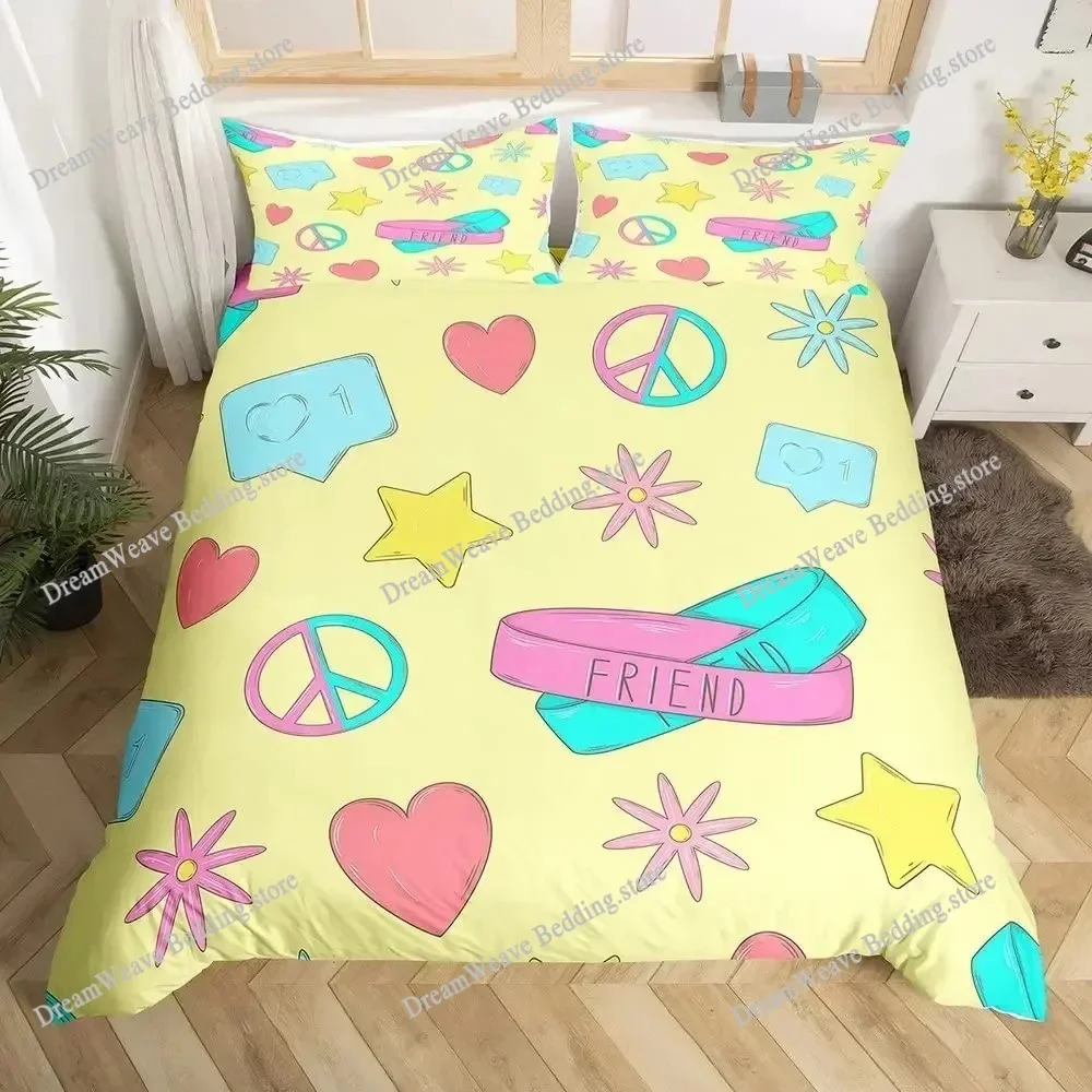 Peace Symbol Duvet Cover Set for Kids Boys Girls,Happiness World Bedding Set Queen Size,Green Brown Red Soft Bedroom Decor