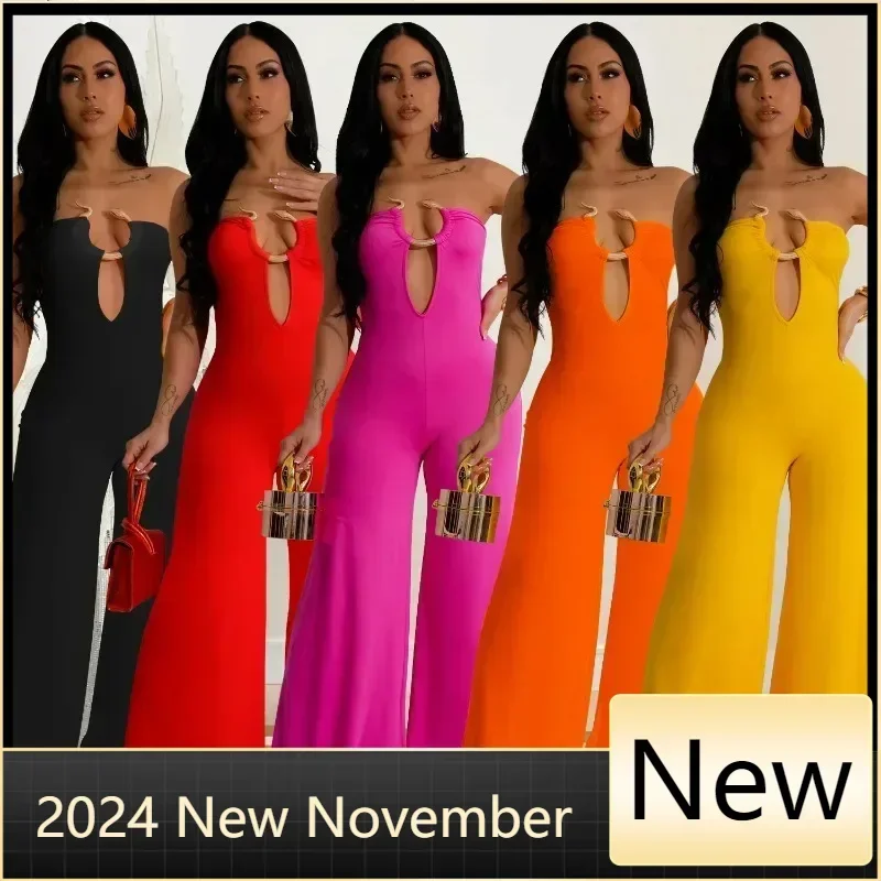 

Customized Fashion Off Shoulder Snake Metal Jumpsuits One Piece Outfits Beautiful Strapless Hollow Out Wide Leg Rompers Overalls