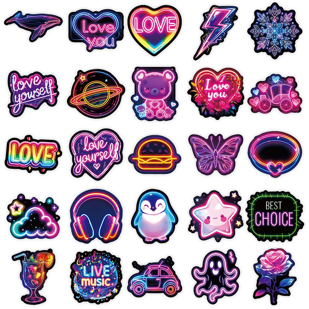 Cute Cartoon Neon Light Adesivos para Crianças, DIY Decalques Brinquedo, Skate, Notebook, Phone Case, Engraçado Graffiti Sticker Decor, 10 Pcs, 30 Pcs, 50Pcs