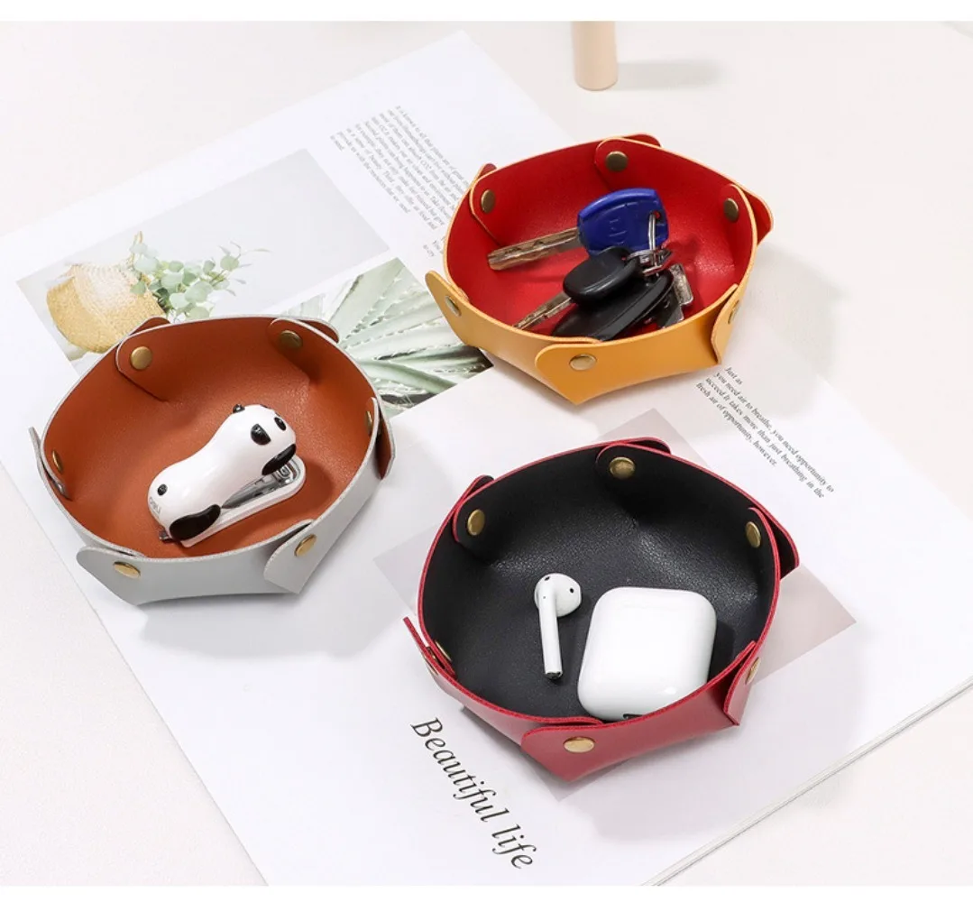 Korean style snap-type folding round storage box desktop jewelry storage leather tray cosmetics key storage tray