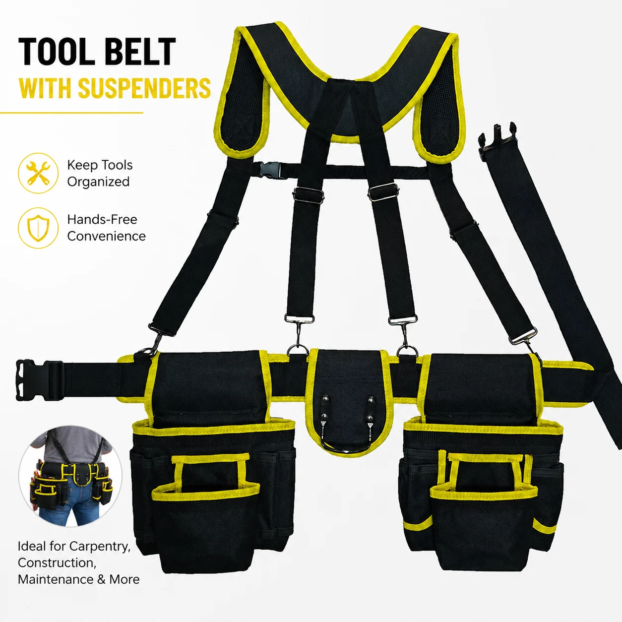 Tool Belt with Suspenders 32-66 Inch Adjustable 22 Pockets Durable Tool Rig for Electrician Carpenter Construction Work