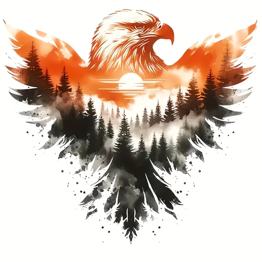 

Eagle & Sunset Forest Vinyl Sticker Glossy Glitter Self Adhesive Removable Decal with Pine Trees Mountain Lake Design for