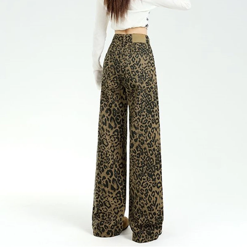 جينز نسائي عالي الخصر بطبعة الفهد من FINEWORDS جينز واسع الساق بطول كامل جينز كوري فضفاض عتيق