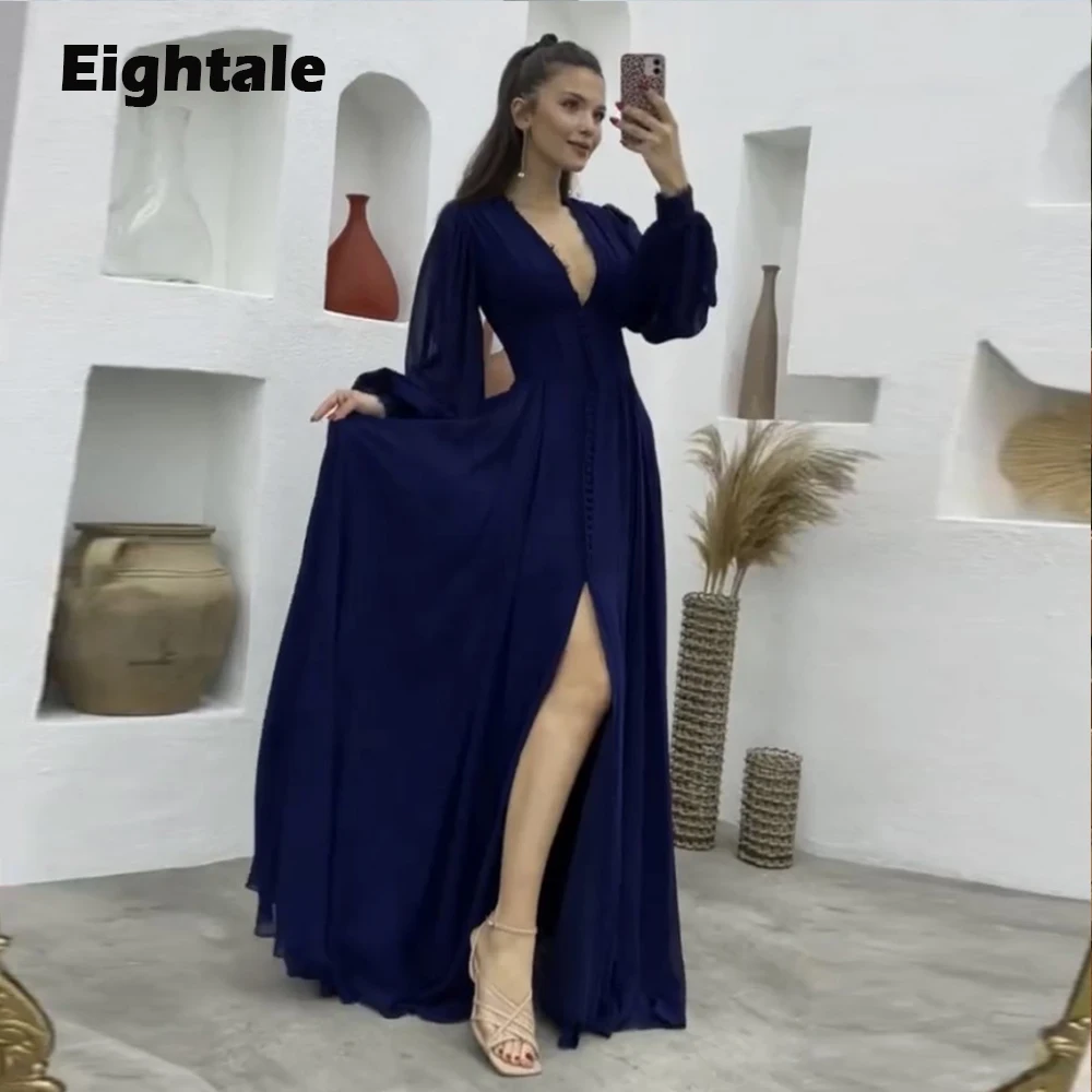

Eightale Arabic Evening Dresses for Wedding Party Long Puffy Sleeves Deep V-Neck Floor Length Formal Celebrity Prom Gowns