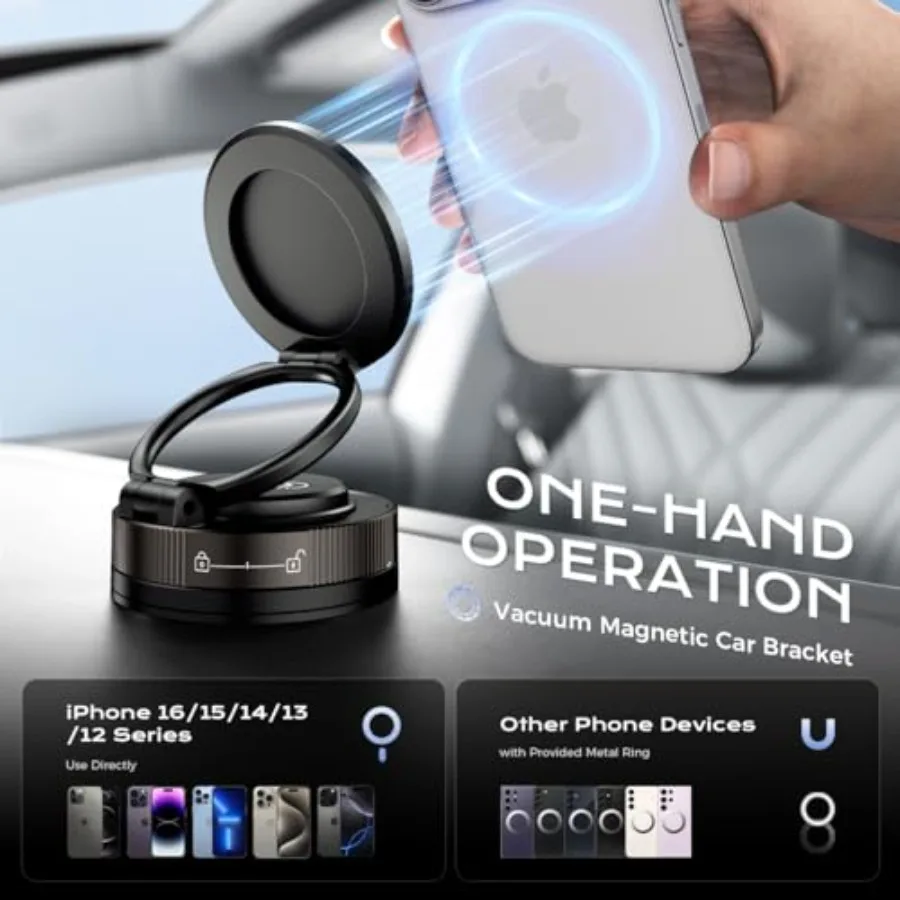 360度回転調整可能なマグネット式車載スマホホルダー、強力な吸盤ベースと折りたたみ式デザインで車内や化粧ルーティンに最適