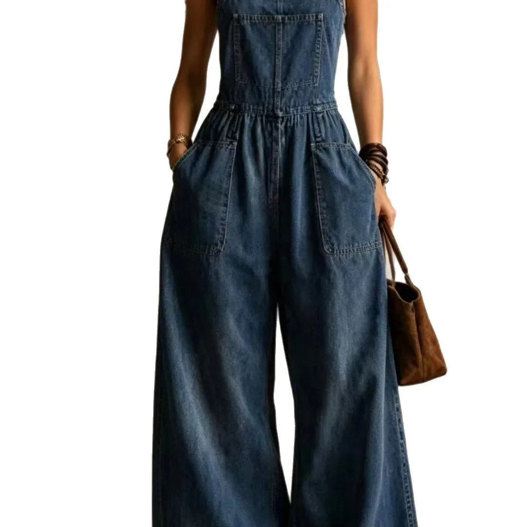Loose Fit Sleeveless Pants with Elastic Waist Fresh Sweet Women Jumpsuit Summer Long Thin Woven No Stretch Streetwear Romper