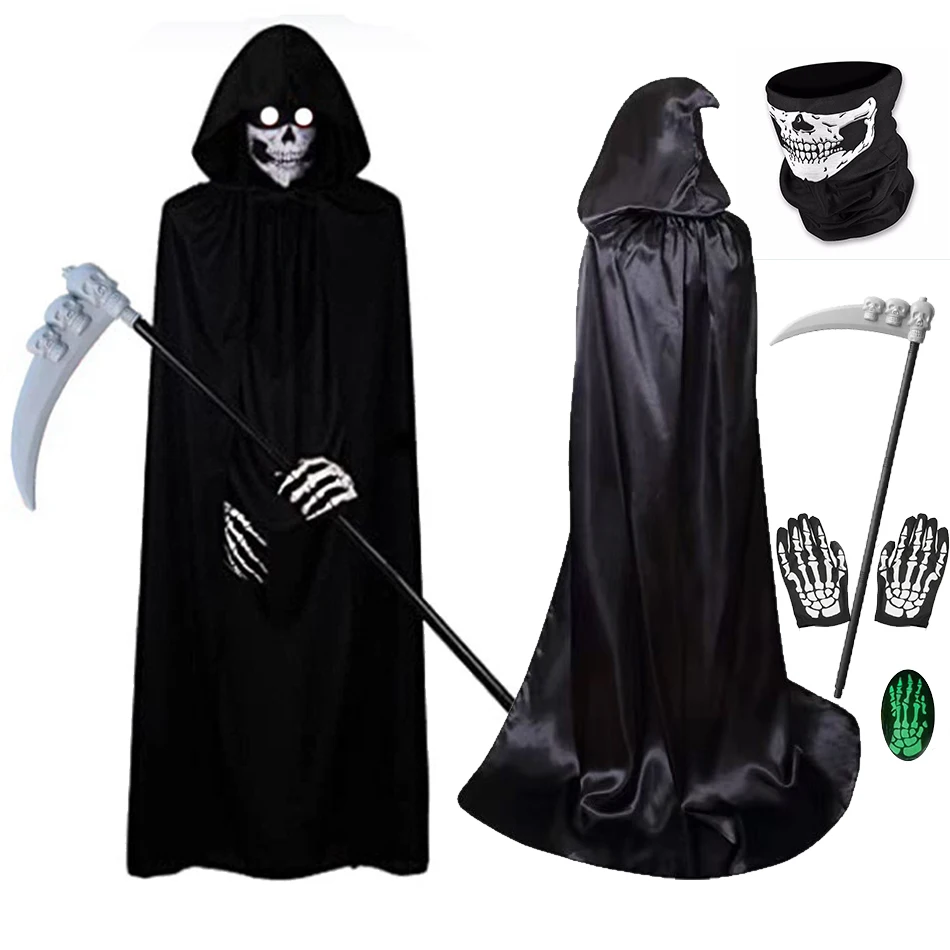 Halloween Death Cloak With Hoodies Kids And Adult Evil Role Playing Costume Kids Carnival Party Fancy Sickle Chain Clothes