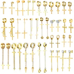 WKOUD Dainty Minimalist Gold Color Dangling Cross Shaped Charm Huggie Pierced Hoop Earrings For Guy Men Women Jewelry
