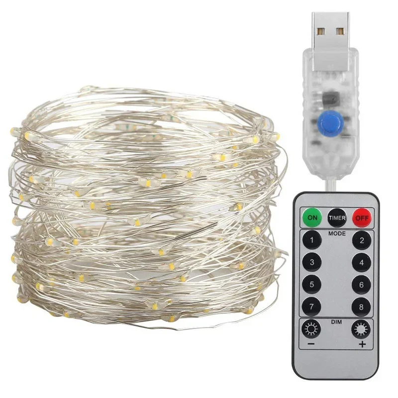 Lámparas LED de alambre de cobre de 10 m a 20 m, USB, 8 funciones, decoraciones navideñas remotas, luces, cadena de luces decorativas para fiestas en el jardín