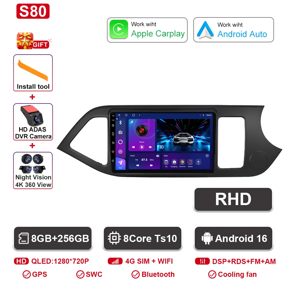 Android 16 Voor KIA PICANTO Ochtend 2011 2012 2013 2014 2015 2016 Carplay Auto Multimedia Autoradio Navigatie Speler WIFI + 4G DSP