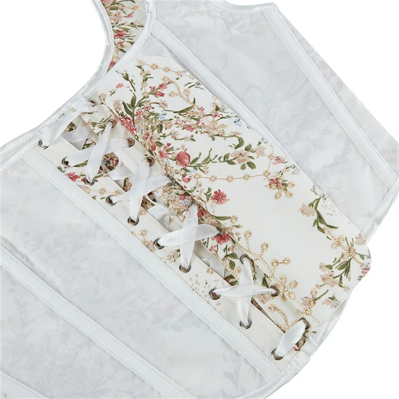 White Strap Adjustable Corset Women Print Fashion Bustier Ribbon Strap Lace-up Vintage Bustier Shapewear Crop Top