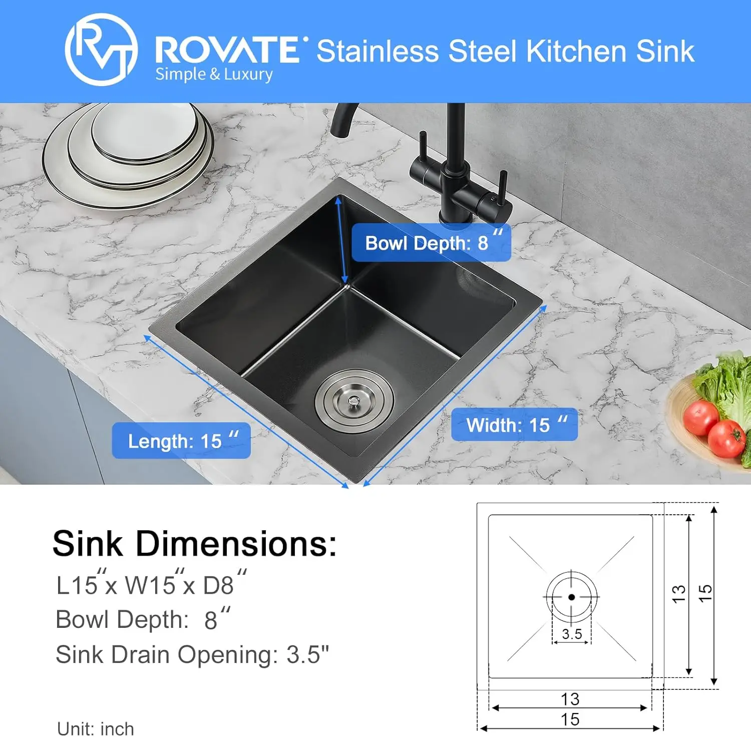 ROVATE 15x15 inch Black Bar Sink Undermount Black Nano Kitchen Sink Single Bowl T-304 Stainless Steel Sink with  Basket Strainer