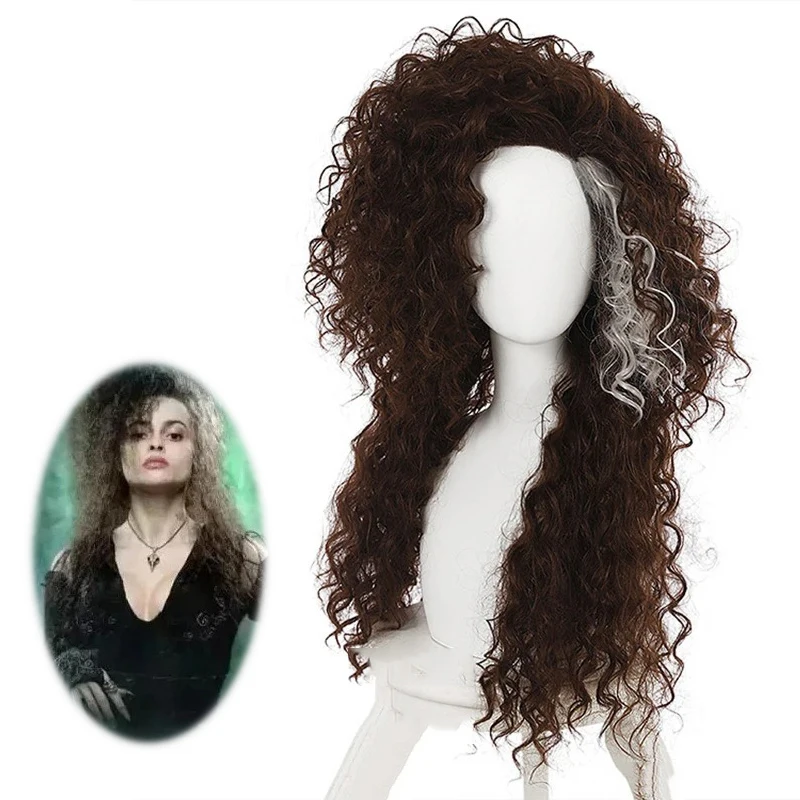 Bellatrix Lestrange Cosplay Perruque pour Adulte, Cheveux Synthétiques, Longs, Bouclés, Bruns, Degré de Chaleur, Accessoires d'Halloween, Unisexe, Film