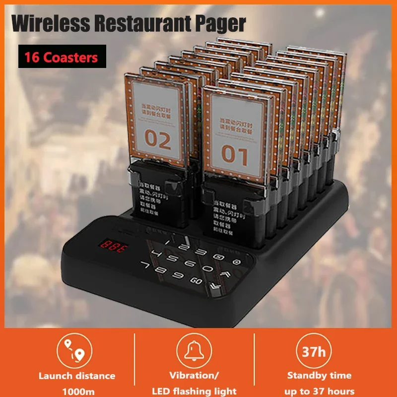 Restaurant Pager Wireless Calling System Vibrator Coaster Buzzer Beeper 16 Receivers For Food Truck Cafe Shop Bar Clinic Queuing