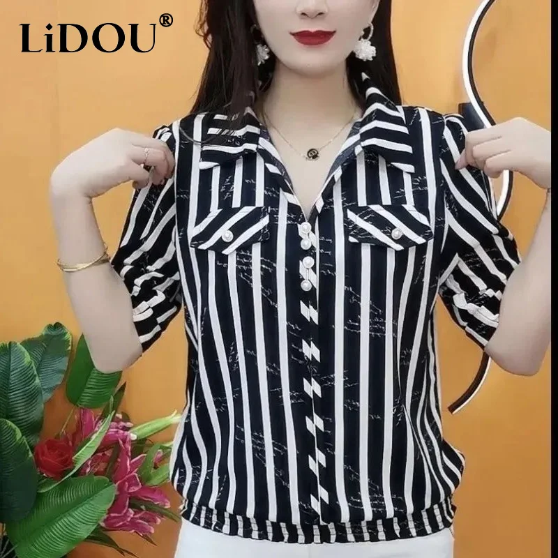 Summer New Fashion POLO Collar Short Sleeve Striped Thin Style Shirt Women Loose Casual Button Thin Style All-match Pullovers