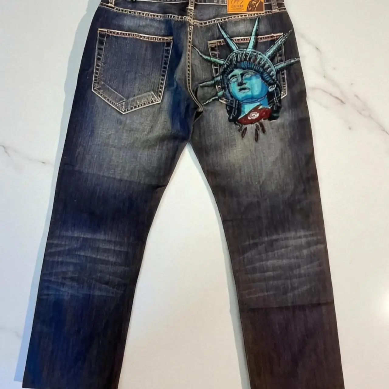 American Retro Statue of liberty Diamonds Denim Pants Casual High Waist Straight Wide Leg Jeans Harajuku Y2k Women Clothing