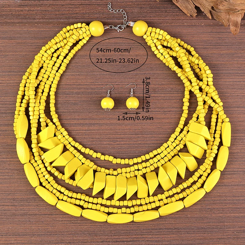 New 7 Multi Layer Handmade Round Wood Necklace Jewelry Set Vintage Statement Collar Boho Bib Beads Long African Jewelry Gifts