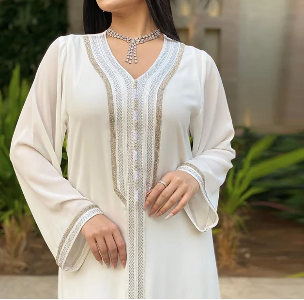 Imagem -02 - Kaftan Dubai Abaya Turquia Muçulmano Hijab Vestido Islam Abayas Vestidos para Mulher Robe Djellaba Caftan Ensemble Femme Mussulmane Branco