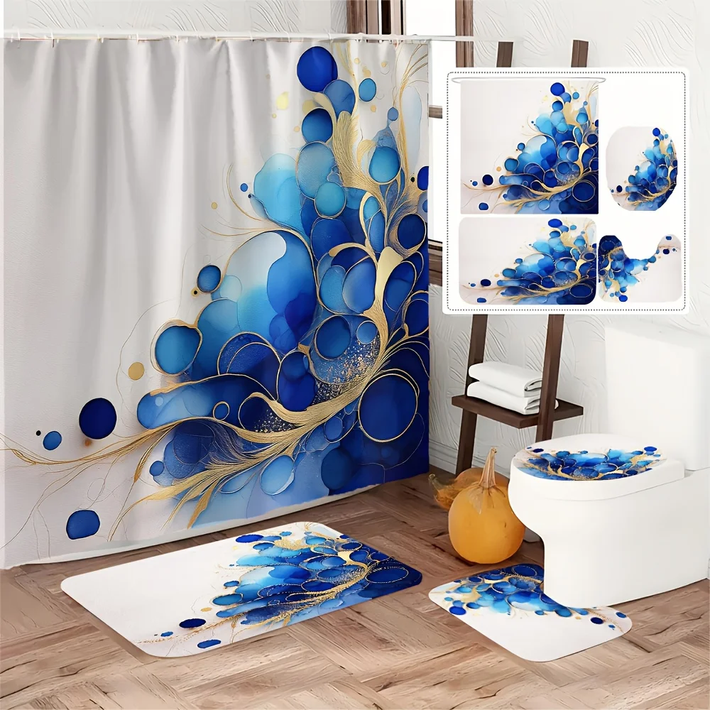 

4 шт. синий и золотой набор для ванной комнаты с абстрактным художественным узором, включая занавеску для душа, коврик для ванной комнаты, U-образный коврик и коврик для унитаза.