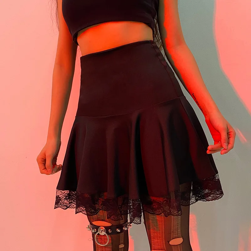 Lace Long Skirt Gothic Black Patchwork Women Casual Sexy Mini Dark Y2K Aesthetic Slim High Waist Skirt