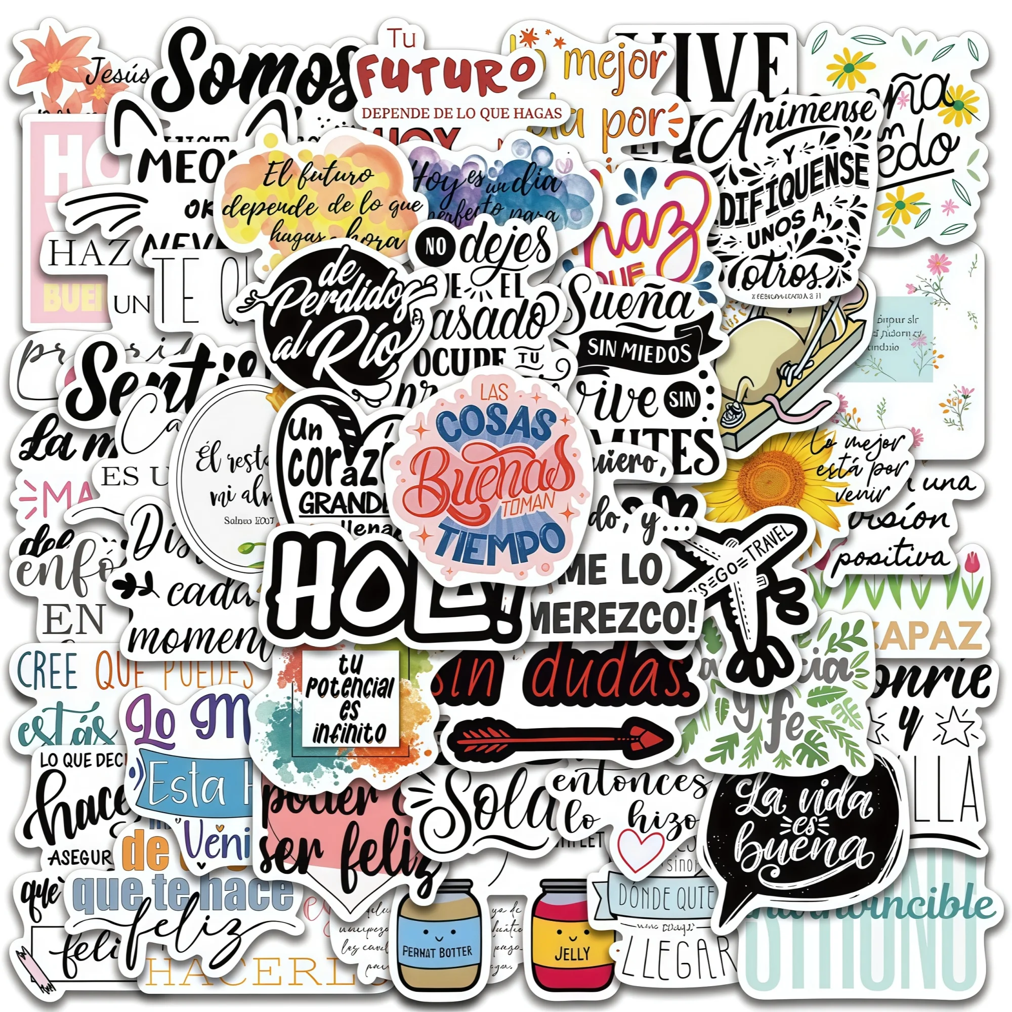 50 PCS Spanish Positive Quote Stickers, Waterproof Doodle Stickers, Suitable for Laptops, Water Bottles, Luggage, DIY Decoration