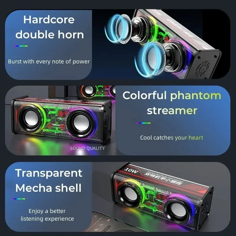 High Power Long Range Subwoofer TWS Sound Column Colorful LED V8 Transparent Mecha Bluetooth Speaker Wave Play Cool Audio Gift