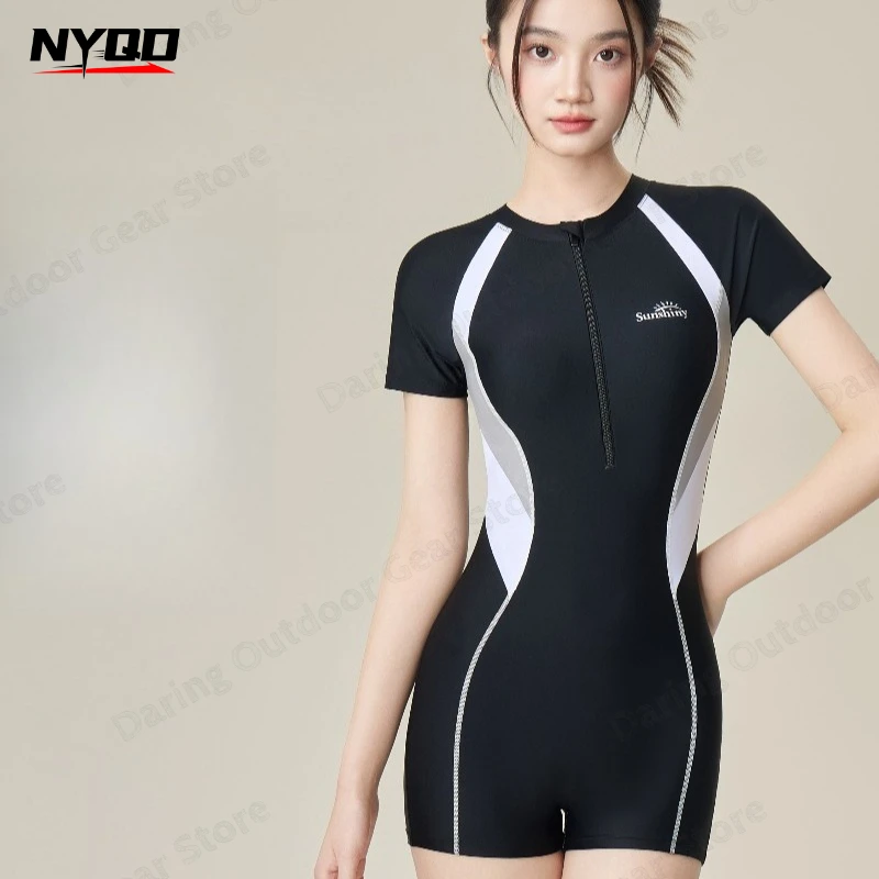 Women Short Sleeve Front Zipper One Piece Boyleg Swimsuit Athletic Training Pool Swimwear Color Block Bathing Suit