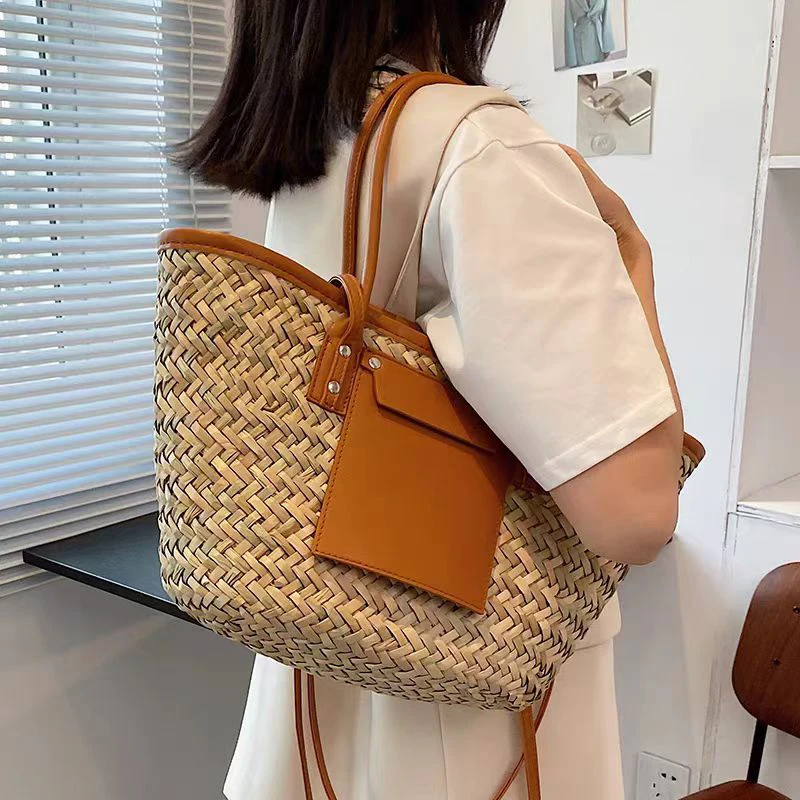 Women Straw Woven Tote Bag,fashion Rattan Handbag,large Capacity Ladies Summer Beach Shoulder Bag Multifunctional Shopping Bag