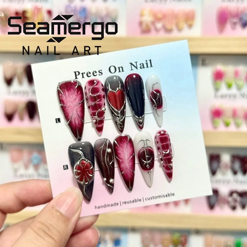 10PCS Gothic Y2k Long Stiletto Press on Nails Burgundy Red Gradient Handmade 3D Silver Metal Line Heart Designs False Nails Tips