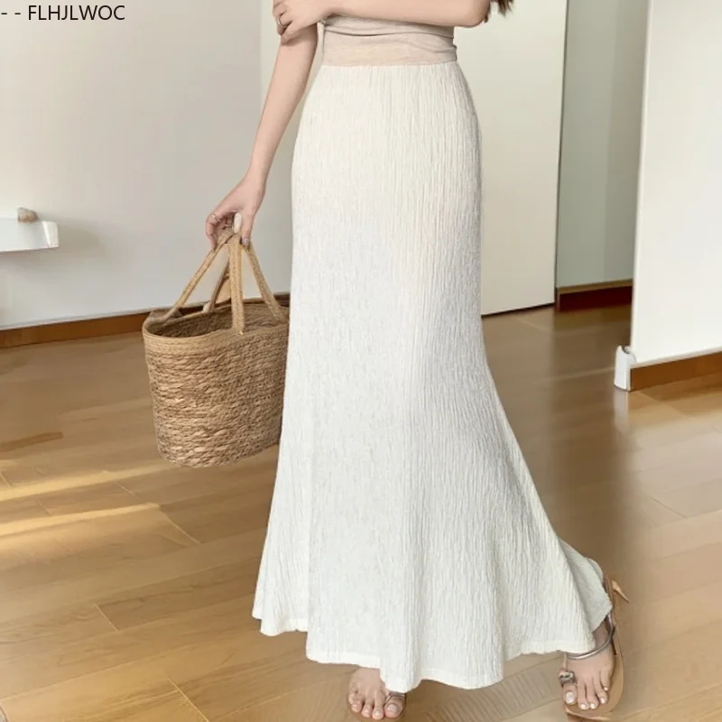 Chic Minimalism Women's Pleated High Waist Hip Package Fish Tail Skirt Elegant Versatile Design Match Long Maxi Skirts