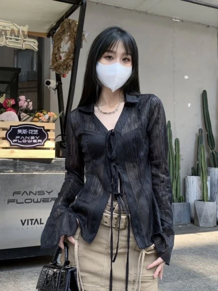 Chemisier japonais pour femmes, chemise Sexy à bandes Grunge, esthétique Y2k, Harajuku, col rabattu, manches évasées, 2025