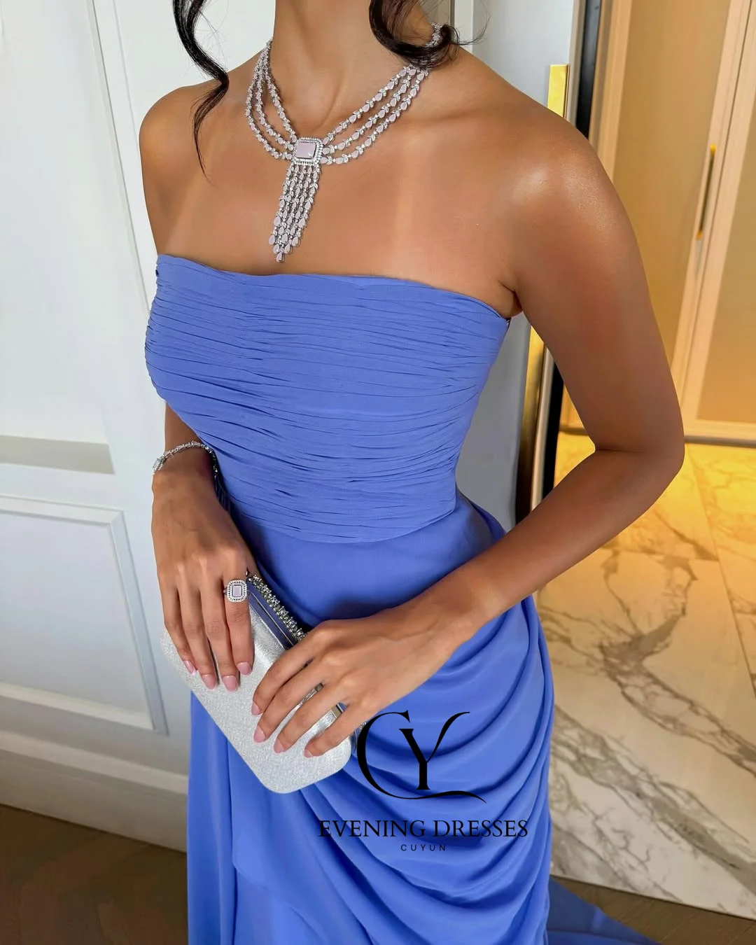 CUYUN-vestidos de fiesta elegantes para mujer, para ocasiones formales, personalizados, línea A, sin tirantes, vestido de noche de gasa para invitados de boda