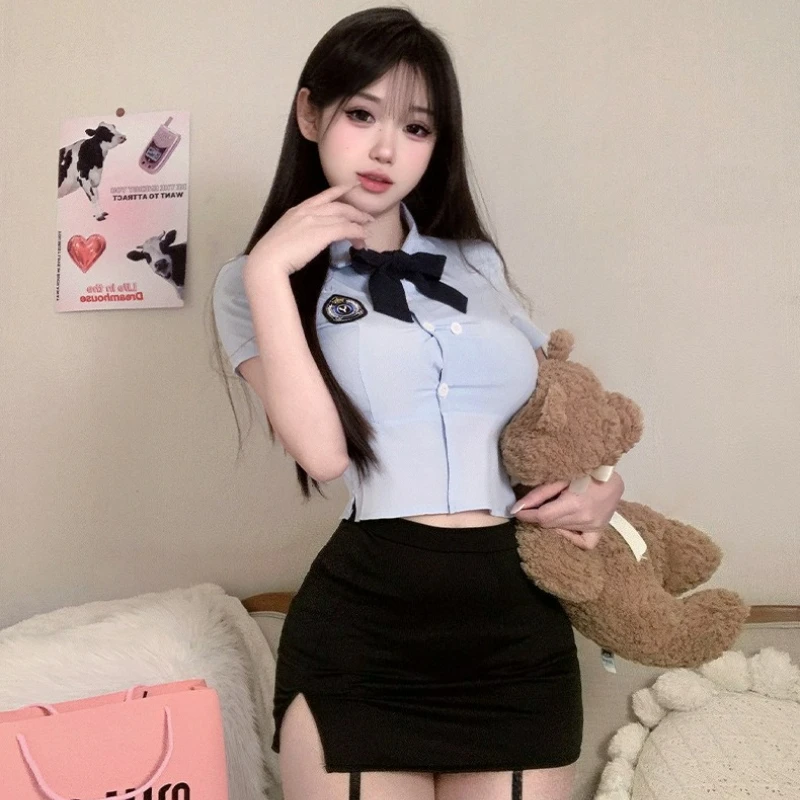 ชุดคอสเพลย์ตำรวจหญิง เสื้อเชิ้ตสีฟ้าหวาน แขนสั้น ทรงเข้ารูป สไตล์หรูหรา ประดับโบว์น่ารัก เหมาะสำหรับฤดูร้อน
